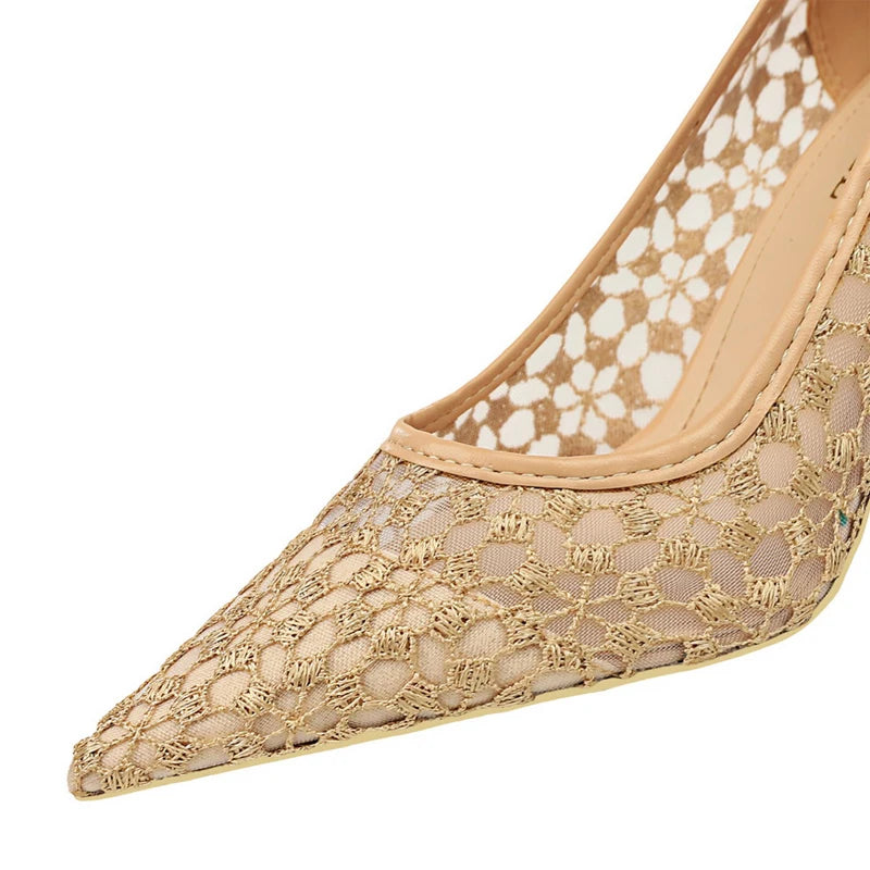 Lace Mesh Cutout Kitten Heel Pumps for Women - Sexy Banquet Shoes