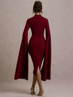 High Neck Cut Out Cape Sleeve Back Slit Bodycon Midi Dress
