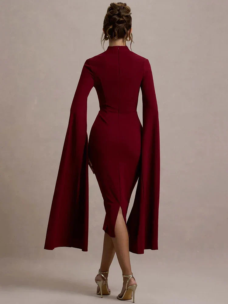 High Neck Cut Out Cape Sleeve Back Slit Bodycon Midi Dress