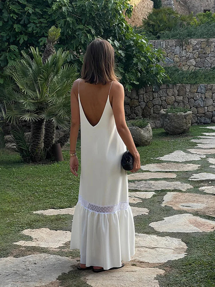 Satin Spaghetti Strap Lace Insert Ruffle Hem Maxi Dress