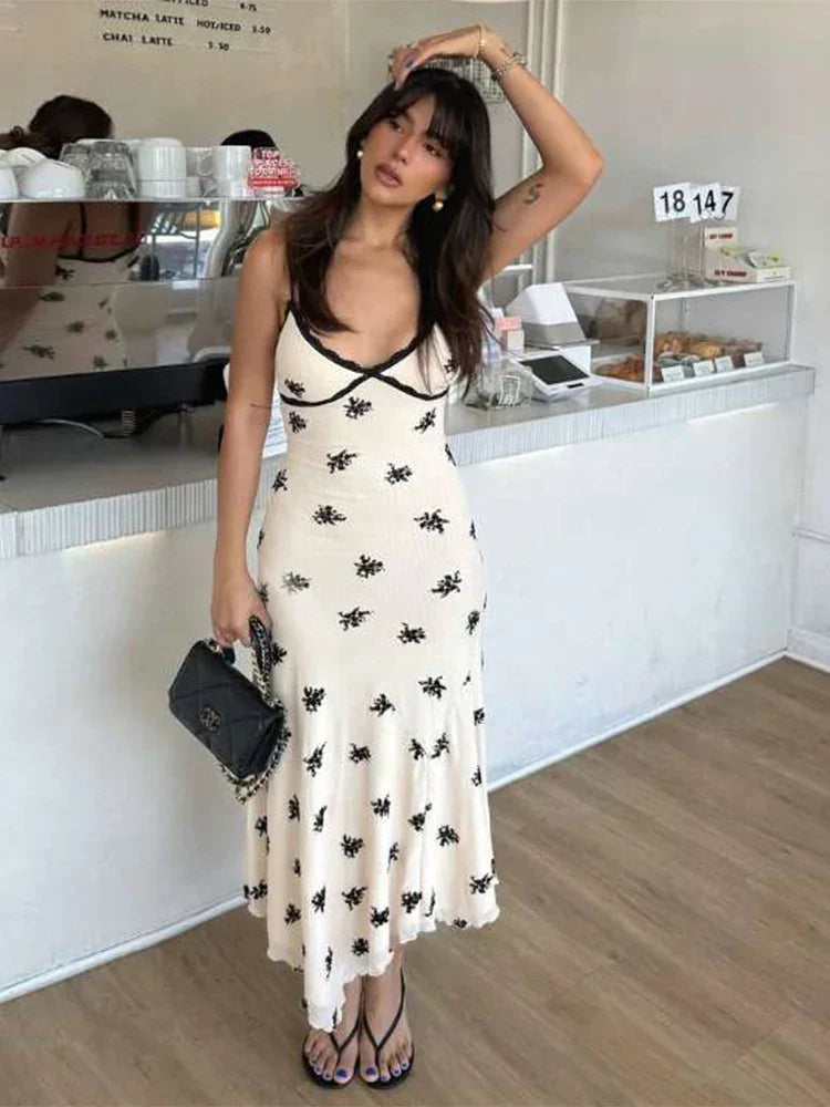 Ditsy Floral Print Lace Trim Deep V-Neck Spaghetti Strap Lettuce Hem Slip Maxi Dress