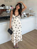 Ditsy Floral Print Lace Trim Deep V-Neck Spaghetti Strap Lettuce Hem Slip Maxi Dress