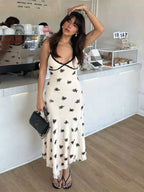 Ditsy Floral Print Lace Trim Deep V-Neck Spaghetti Strap Lettuce Hem Slip Maxi Dress