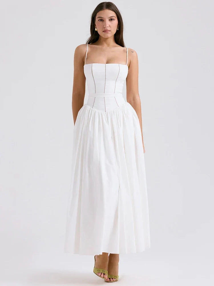 Bustier Spaghetti Strap Gathered Full Skirt Midi Dress