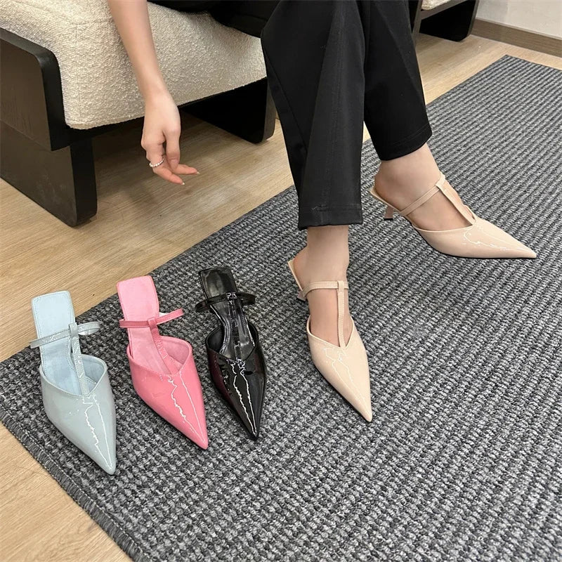Patent Leather Hollow Out Slippers with Thin Heels and Pointed Toe for Women