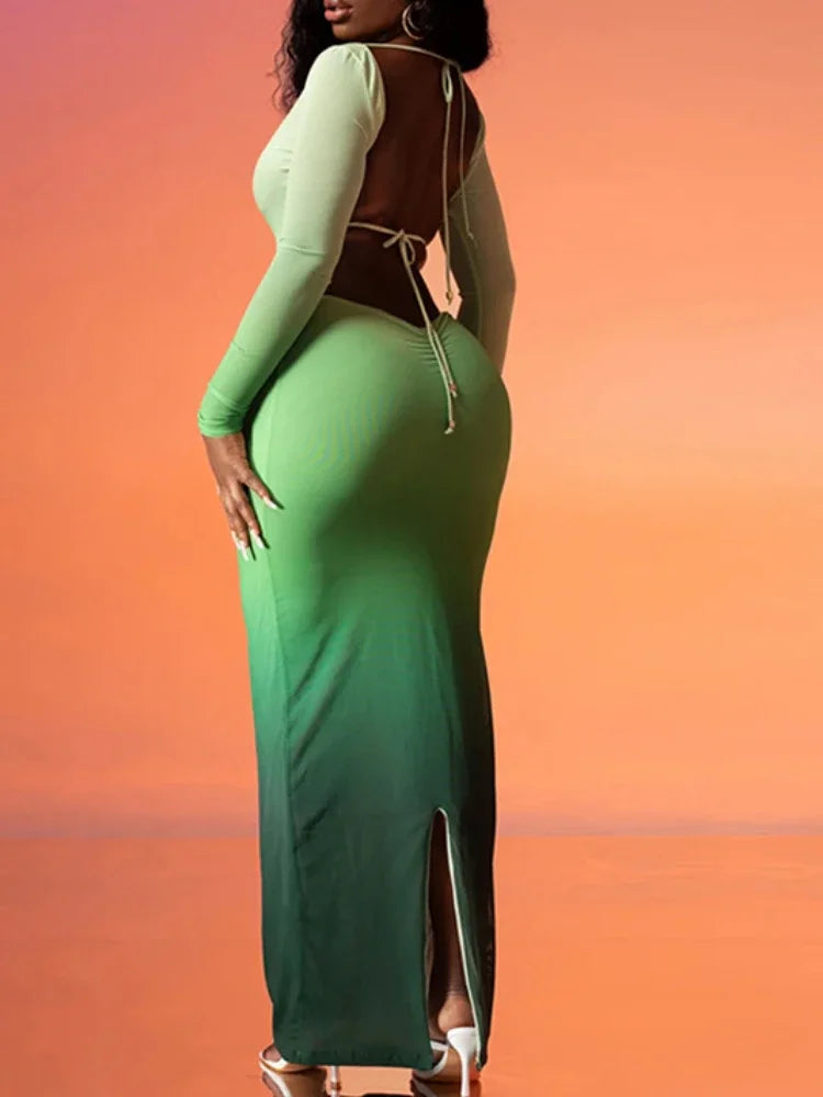 Long Sleeve Tie Front Keyhole Side Cut Out Bodycon Maxi Dress