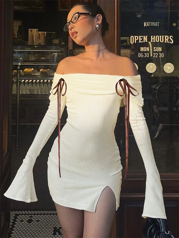 Backless Lace-Up Slim MIni Dress Women's Elegant Ribbed Long Sleeve Off-Shoulder Summer 2024 Dress Female Party Dress New