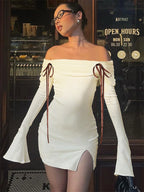 Backless Lace-Up Slim MIni Dress Women's Elegant Ribbed Long Sleeve Off-Shoulder Summer 2024 Dress Female Party Dress New