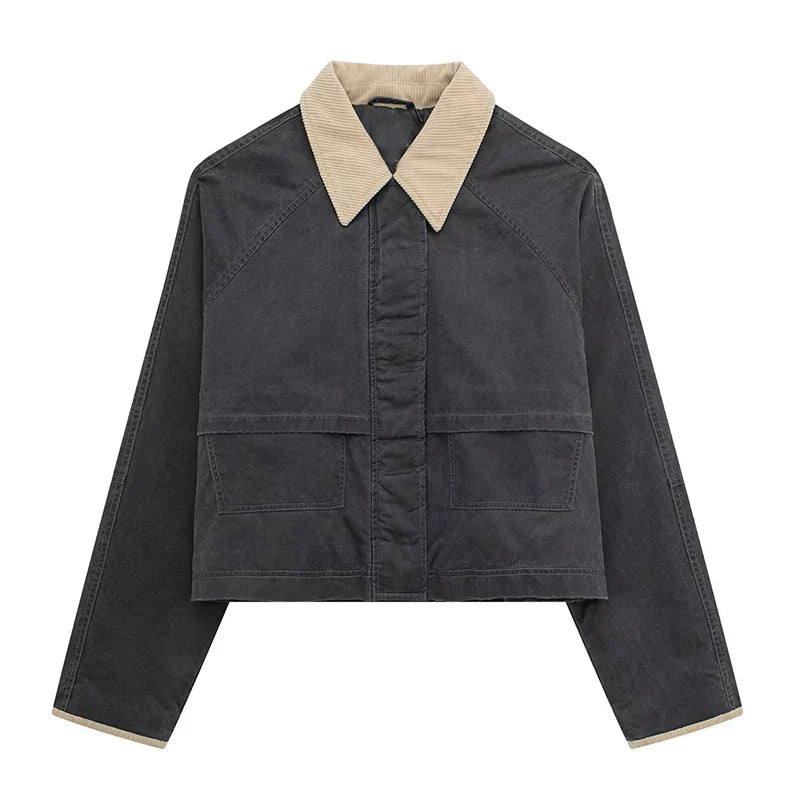 New Women's Cargo Jackets Vintage Long Sleeve Patchwork Outwear With Pocket Street Style Punk Loose Casual Top Coats