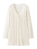 Solid Hollow Out Knitted Beach Dress Women 2024 New V Neck Long Sleeve Lace-up Vestidos Summer Sexy Fashion Holiday Mini Dresses
