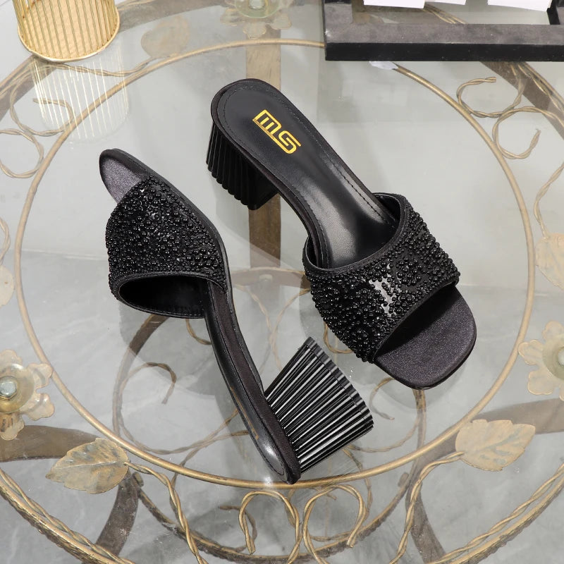 Luxurious ladies slippers with thick square head and 6cm coarse heel