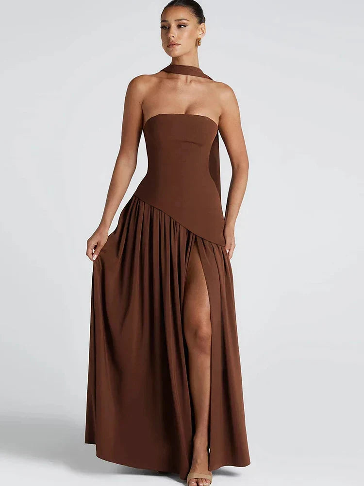 Strapless Asymmetric Corset Panel Pleated High Split Maxi Gown