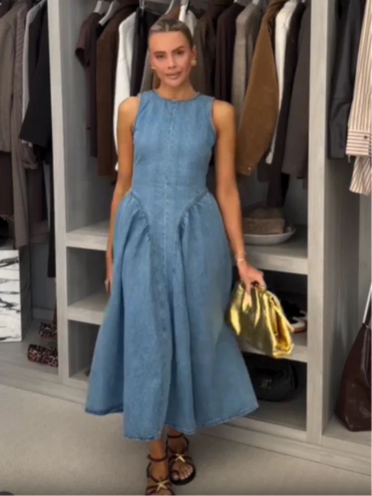 Denim Slim O-Neck Sleeveless High Waist Pleated Work Dress