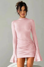 Elegant Pleated O Neck Long Sleeve Mini Dress