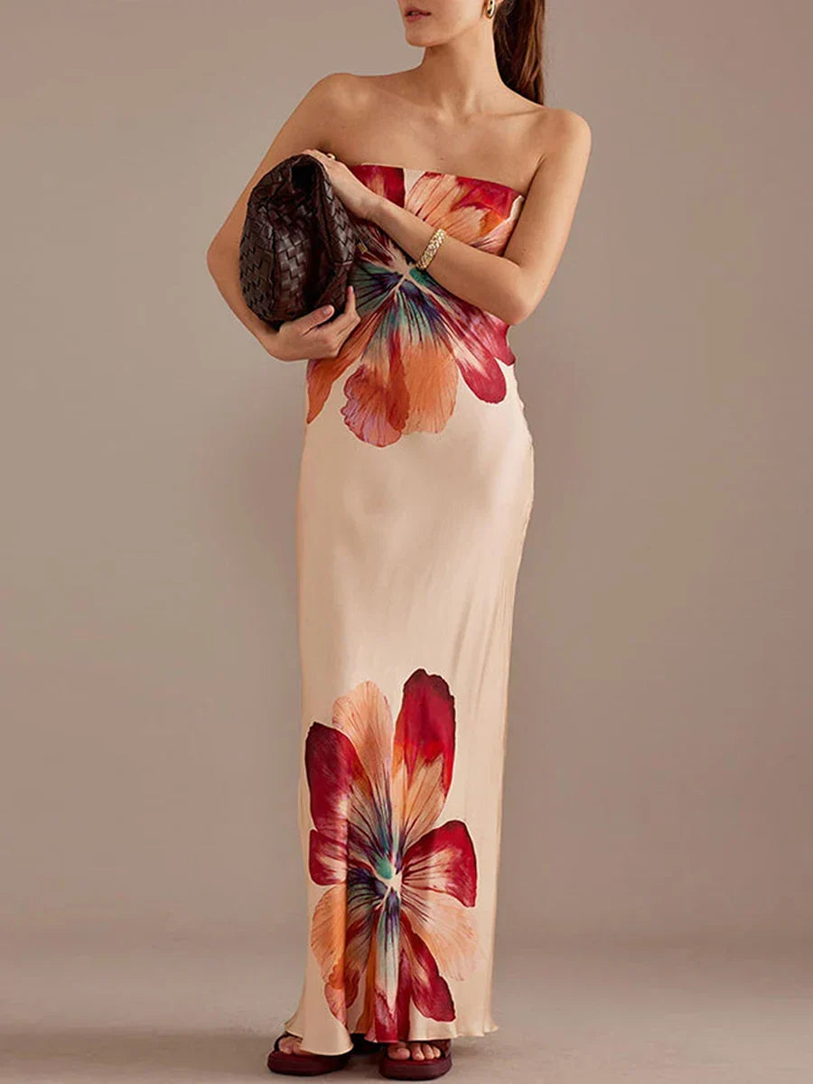 Strapless Straight Neck Floral Print Satin Column Maxi Slip Dress