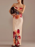 Strapless Straight Neck Floral Print Satin Column Maxi Slip Dress