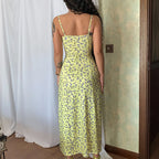 Floral Lace Trim Sweetheart Spaghetti Strap High Slit Slip Midi Dress