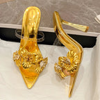 PVC Transparent Flower Pointed Toe Thin Heel Slippers for Summer