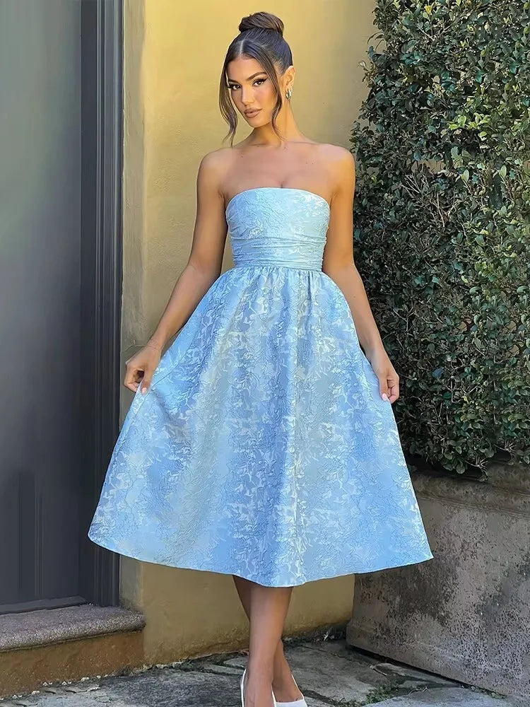 Jacquard Strapless Bow Back Fit and Flare Mini Dress
