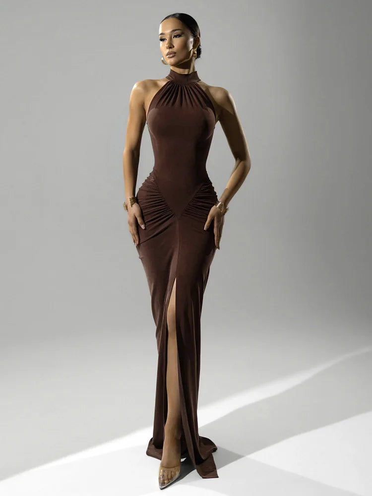 Ribbed Knit Halter Neck Ruched Hip High Split Maxi Dress