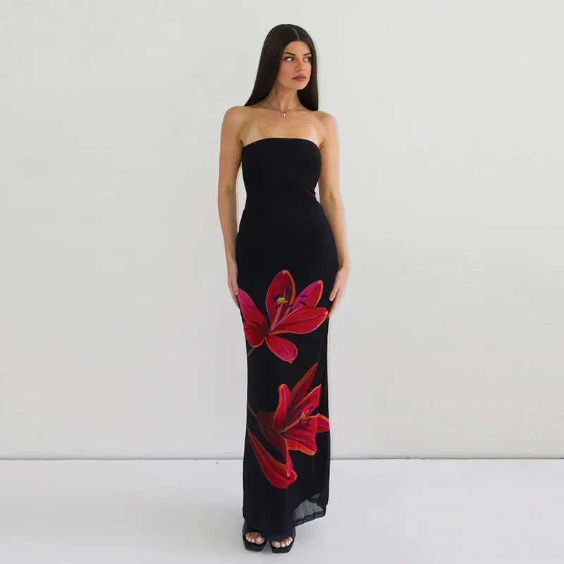 Strapless Tube Bodycon Lily Floral Print Maxi Dress