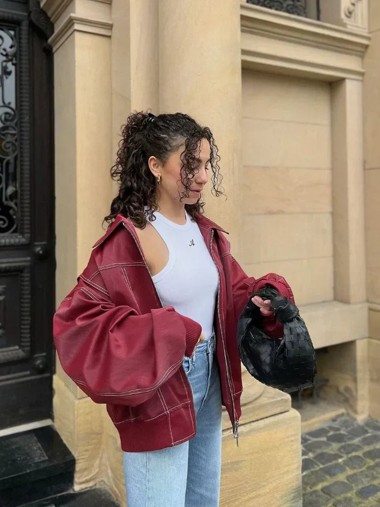 | Women’s Oversized Leather Bomber Jacket