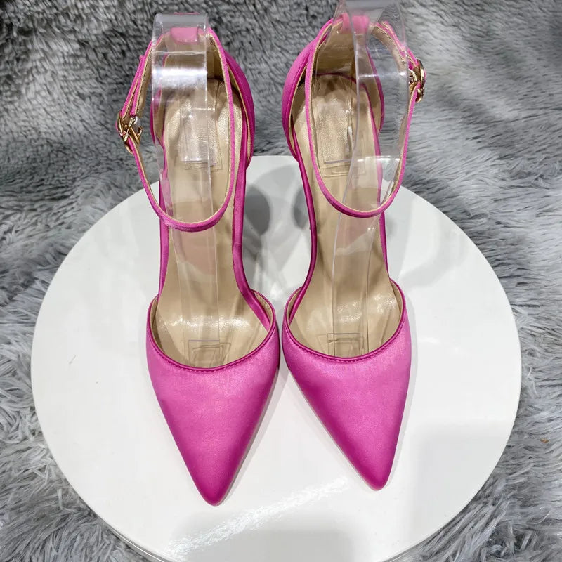 Silk Satin Ankle Strap Pointy Toe High Heel Shoes for Women in Black, Pink, and Green