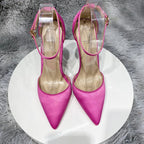Silk Satin Ankle Strap Pointy Toe High Heel Shoes for Women in Black, Pink, and Green