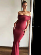 Off Shoulder Ruched Band Bodycon Floor Length Maxi Dress