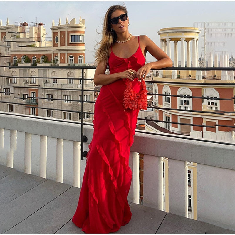 Deep V-Neck Spaghetti Strap Diagonal Tiered Ruffle Maxi Dress