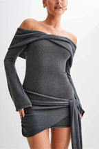 Slim Patchwork Off-Shoulder Long Sleeve Mini Dress