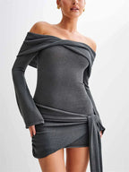 Off Shoulder Ribbed Knit Side Tie Long Sleeve Mini Dress