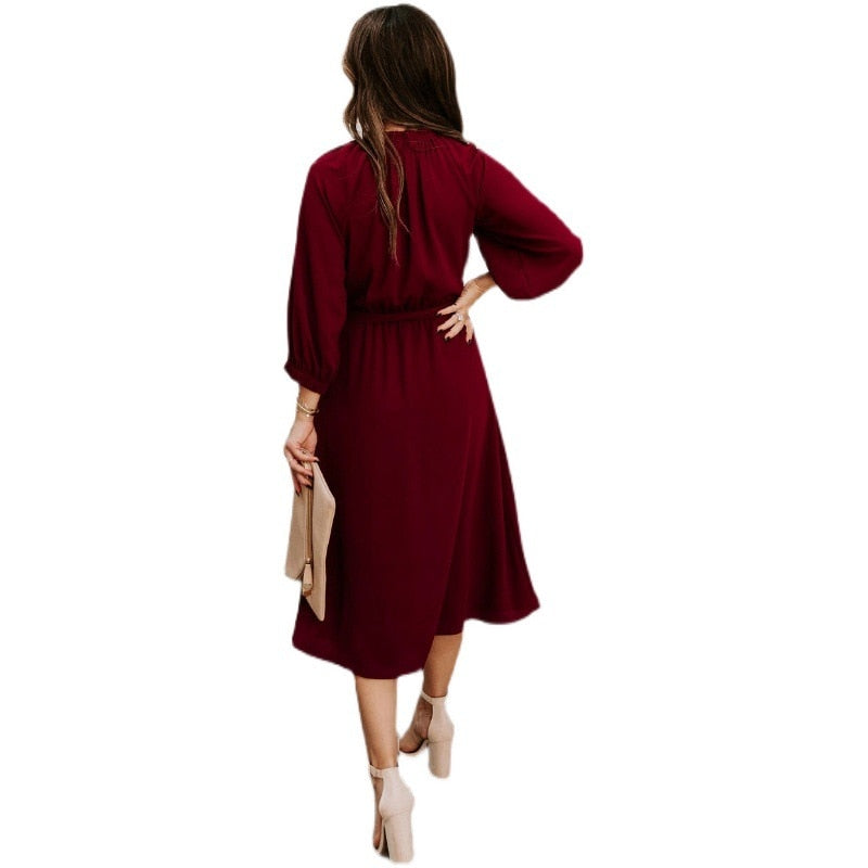 Gathered Mock Neck Lantern Sleeve Tie Waist A-Line Midi Dress