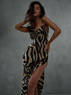 Cowl Neck Abstract Wave Print Satin Side Slit Spaghetti Strap Maxi Dress