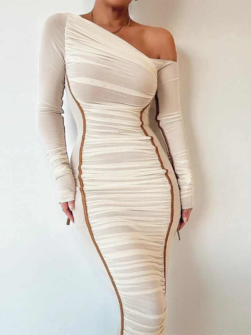 One Shoulder Ruched Mesh Contrast Piping Maxi Dress