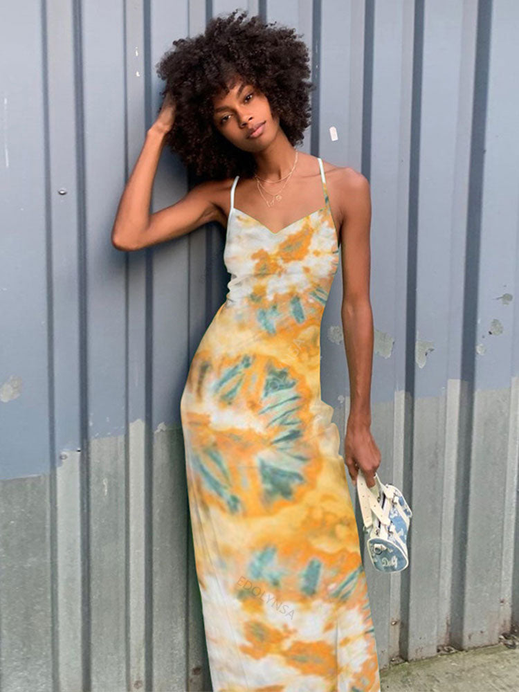 Tie-Dye Print Cowl Neck Spaghetti Strap Slip Maxi Dress