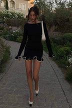 O Neck Long Sleeve Bodycon Mini Dress - Black