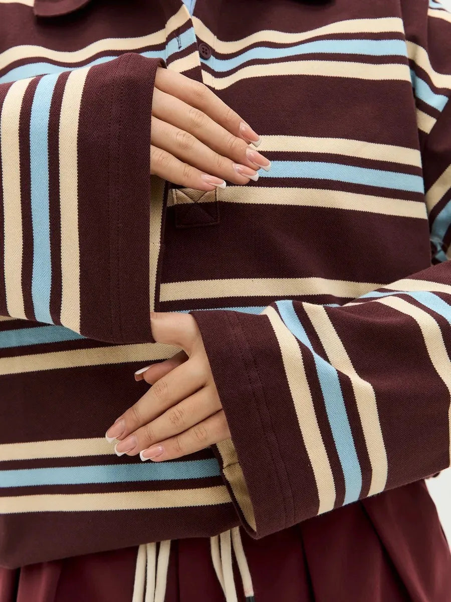 Spring Summer New Women's Retro Striped Polo Collar Oversized Long Sleeve T - Shirt Trendy Casual Loose Basic Top