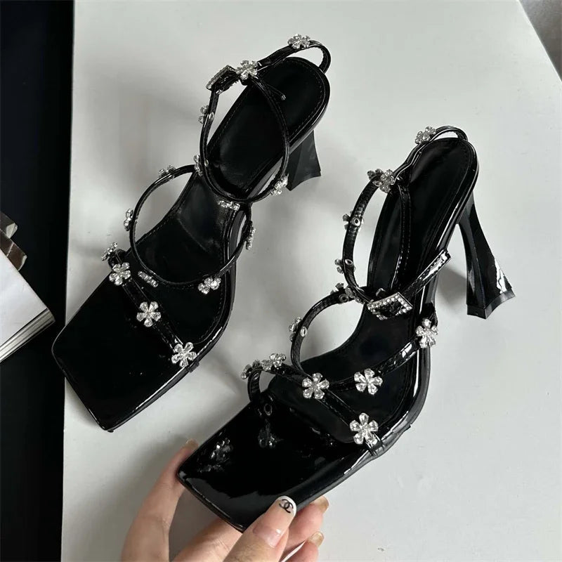 Crystal Buckle Strap Sandals Womens High Heels Shoes