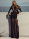 Criss Cross Ruched Long Sleeve Sheer Mesh Overlay Maxi Dress
