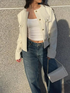 Elegant Solid Button Fake Pocket Jacket Women's Fashion O-neck Long Sleeve Single Breasted Cropped Coats New Lady Chic Outerwear