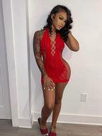 Ribbed Mesh Halter Lace Up Side Cut Out Bodycon Mini Dress