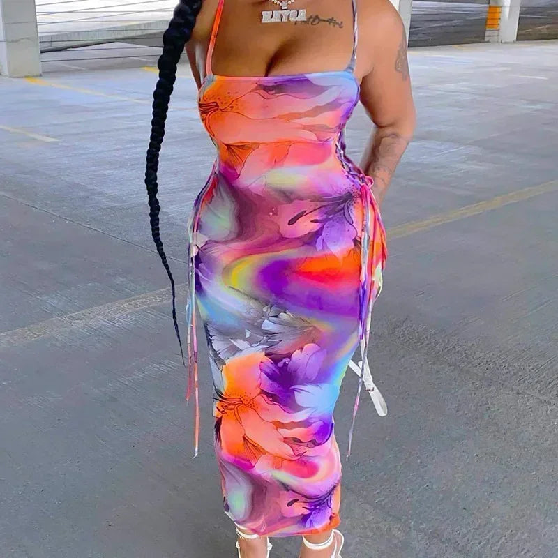 Spaghetti Strap Side Lace Up Abstract Print Bodycon Midi Dress
