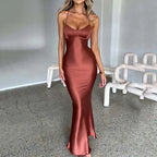 Cross Strap Lace Up Back Satin Maxi Dress