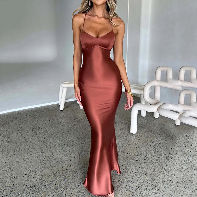Cross Strap Lace Up Back Satin Maxi Dress