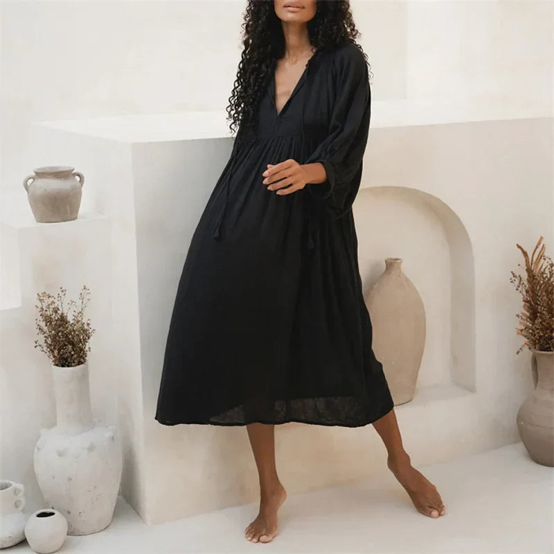 V-Neck Collar Puff Sleeve Tie Front Empire Waist Midi Dress