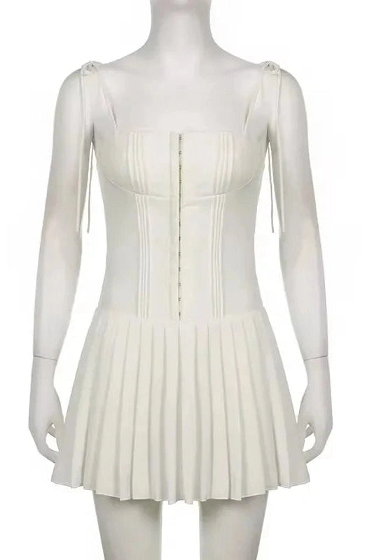 Pleated Slim Fit A-Line Mini Dress with Spaghetti Straps
