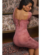 Sweetheart Neck Lace Trim Long Sleeve Bustier Mesh Architectural Print Midi Dress