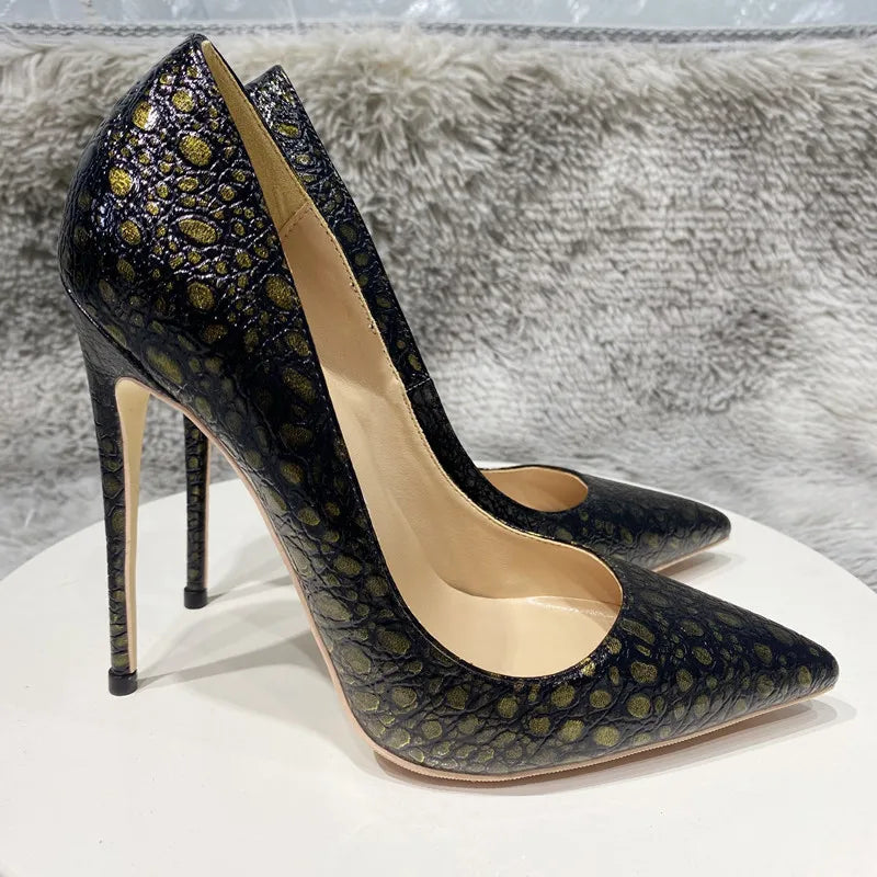 Bronze Black Crocodile Effect Women Sexy High Heel Shoes - 8cm, 10cm, 12cm