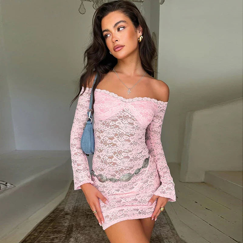 Off Shoulder Floral Lace Long Sleeve Scallop Trim Mini Dress